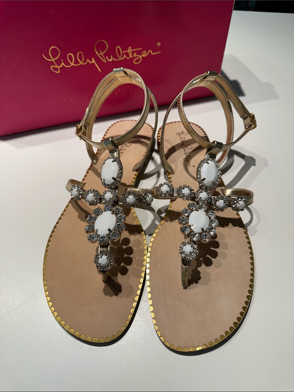 NEW Lilly Pulitzer Gold Katie Sandals with White Gem and Rhinestone Accents